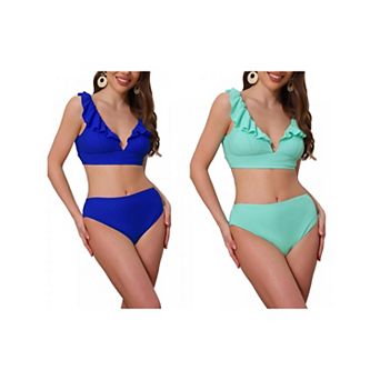 2 Sets Women's Ruffle Trim Wide Strap Bikini Sets, 2 pc Drawstring Tie Back Top Triangle Bottom