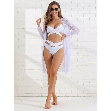 2 Sets Women's Cut Out Criss Cross Adjustable Straps Bikini Set, 3 Pc Triangle Bottoms Swimwear Suit