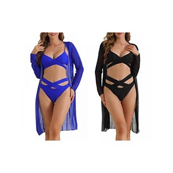 2 Sets Women's Cut Out Criss Cross Adjustable Straps Bikini Set, 3 pc Triangle Bottoms Swimwear Suit