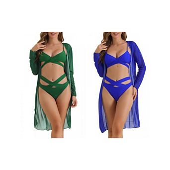 2 Sets Women's Cut Out Criss Cross Adjustable Straps Bikini Set, 3 pc Triangle Bottoms Swimwear Suit