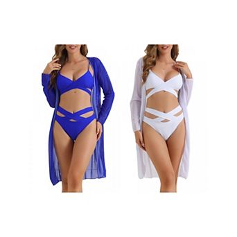 2 Sets Women's Cut Out Criss Cross Adjustable Straps Bikini Set, 3 pc Triangle Bottoms Swimwear Suit