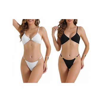 2 Sets Women's Square Ring Bikini Sets, 2 pc Adjustable Spaghetti Straps Triangle Bottoms Swimwear