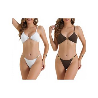 2 Sets Women's Square Ring Bikini Sets, 2 pc Adjustable Spaghetti Straps Triangle Bottoms Swimwear