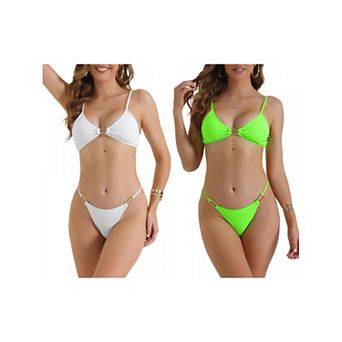 2 Sets Women's Square Ring Bikini Sets, 2 pc Adjustable Spaghetti Straps Triangle Bottoms Swimwear