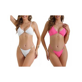 2 Sets Women's Square Ring Bikini Sets, 2 pc Adjustable Spaghetti Straps Triangle Bottoms Swimwear