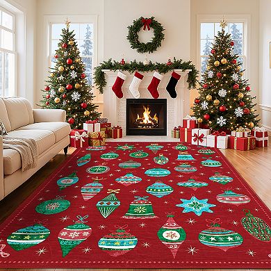 Christmas Machine Washable Rugs Xmas Non-Slip Stain Resistant Low Pile Holiday Decorative Carpet
