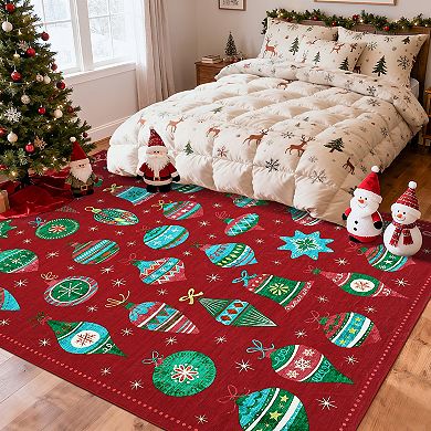 Christmas Machine Washable Rugs Xmas Non-Slip Stain Resistant Low Pile Holiday Decorative Carpet