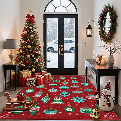 Christmas Machine Washable Rugs Xmas Non-Slip Stain Resistant Low Pile Holiday Decorative Carpet