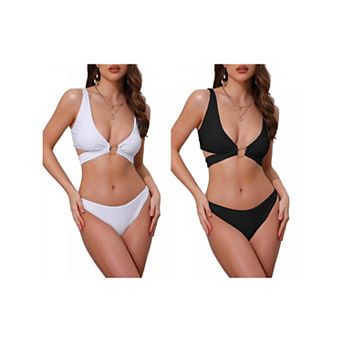 2 Sets Women's Wide Strap O Ring Cut Out V Neck Bikini Set, 2 pc Tie Back Top Triangle Bottom Suits