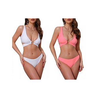 2 Sets Women's Wide Strap O Ring Cut Out V Neck Bikini Set, 2 pc Tie Back Top Triangle Bottom Suits