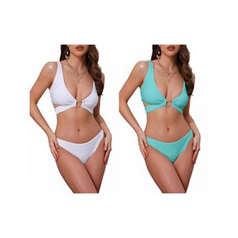 2 Sets Women's Wide Strap O Ring Cut Out V Neck Bikini Set, 2 pc Tie Back Top Triangle Bottom Suits