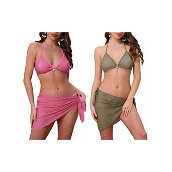 2 Sets Women's Shell Decoration Bikini Sets, 3 pc Halter Top Triangle Bottom with Cover Up Skirt