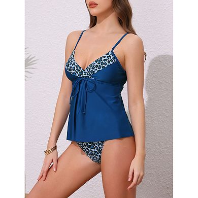 2 Sets Women's Leopard Colorblock Full Coverage Bikini Sets, 2 Piece Ruffled Long Top Swimwear Suit