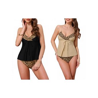 2 Sets Women's Leopard Colorblock Full Coverage Bikini Sets, 2 pc Ruffled Long Top Swimwear Suit