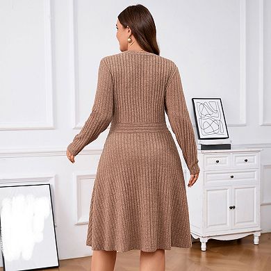 Plus Size Women's Ribbed Knit Knee-Length Button Front Midi Sweater Dress