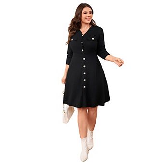 Plus Size Women's Ribbed Knit Knee-Length Button Front Midi Sweater Dress