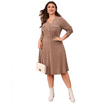 Plus Size Women's Ribbed Knit Knee-Length Button Front Midi Sweater Dress