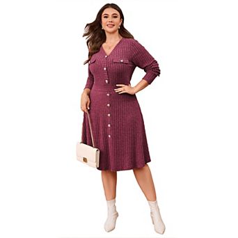 Plus Size Women's Ribbed Knit Knee-Length Button Front Midi Sweater Dress