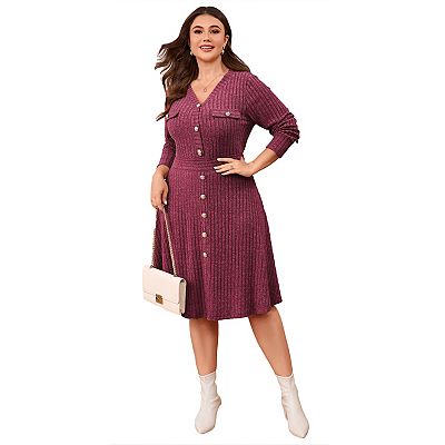 Plus Size Women's Ribbed Knit Sweater Dress Knee-Length Button Front Red 3X