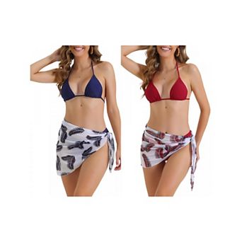 2 Sets Women's Triangle Halter Bikini Sets, 3 pc High Cut Thong Leaf Print Cover Up Skirt Swimwear