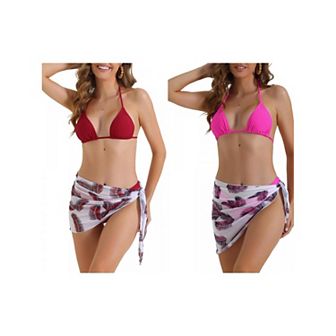 2 Sets Women's Triangle Halter Bikini Sets, 3 pc High Cut Thong Leaf Print Cover Up Skirt Swimwear