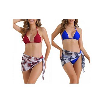 2 Sets Women's Triangle Halter Bikini Sets, 3 pc High Cut Thong Leaf Print Cover Up Skirt Swimwear
