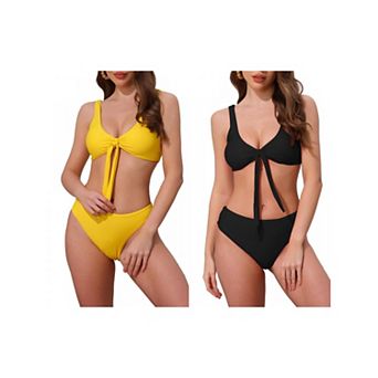 2 Sets Women's Lace Up Decoration Push Up Bikini Sets, 2 pc Wide Strap Top Triangle Bottom Swimwear