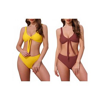2 Sets Women's Lace Up Decoration Push Up Bikini Sets, 2 pc Wide Strap Top Triangle Bottom Swimwear