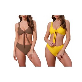 2 Sets Women's Lace Up Decoration Push Up Bikini Sets, 2 pc Wide Strap Top Triangle Bottom Swimwear