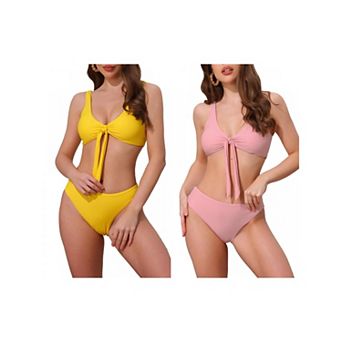 2 Sets Women's Lace Up Decoration Push Up Bikini Sets, 2 pc Wide Strap Top Triangle Bottom Swimwear