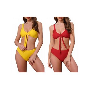 2 Sets Women's Lace Up Decoration Push Up Bikini Sets, 2 pc Wide Strap Top Triangle Bottom Swimwear