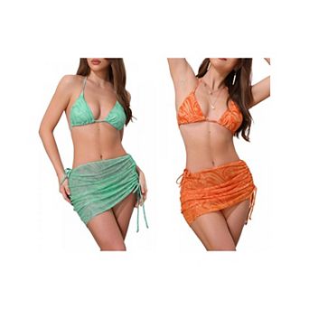 2 Sets Women's Water Ripples Colorblock Halter Bikini Sets, 3 pc Triangle Bottom Mesh Cover Up
