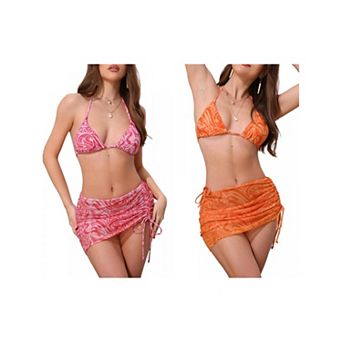 2 Sets Women's Water Ripples Colorblock Halter Bikini Sets, 3 pc Triangle Bottom Mesh Cover Up
