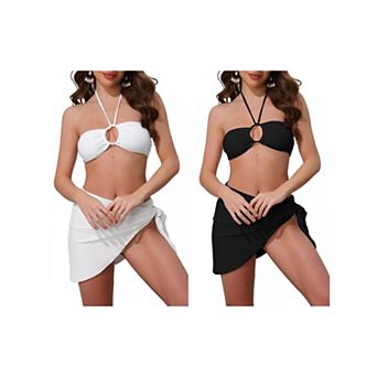 2 Sets Women's Rope Circle Halter Bikini Set, 3 pc Triangle Bottoms Side Tie Cover Up Swimwear Suits