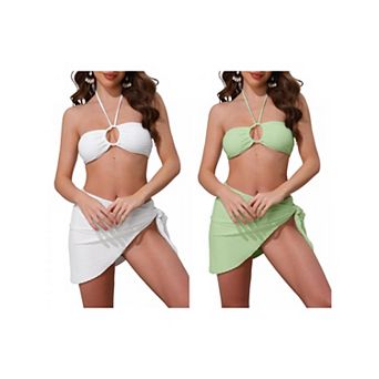 2 Sets Women's Rope Circle Halter Bikini Set, 3 pc Triangle Bottoms Side Tie Cover Up Swimwear Suits