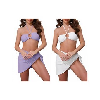 2 Sets Women's Rope Circle Halter Bikini Set, 3 pc Triangle Bottoms Side Tie Cover Up Swimwear Suits