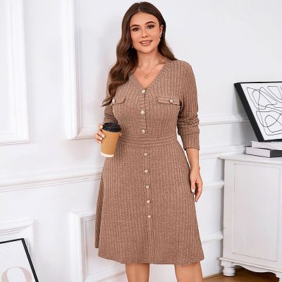 Plus Size Women Long Sleeve Button Down Knee-Length Ribbed Knit Sweater Midi Dress