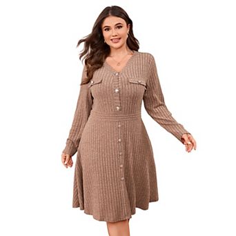 Plus Size Women Long Sleeve Button Down Knee-Length Ribbed Knit Sweater Midi Dress