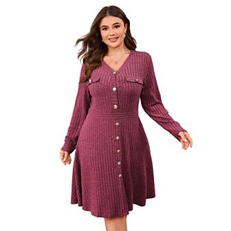 Plus Size Women Ribbed Knit Sweater Midi Dress Long Sleeve Button Down Knee-Length Maternity Clothes
