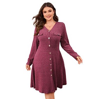 Plus Size Women Long Sleeve Button Down Knee-Length Ribbed Knit Sweater Midi Dress