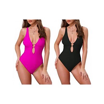 2 Packs Women's O Ring Cut Out Deep V Monokini Bikini, 1 pc Tummy Control Swimwear Bathing Suit