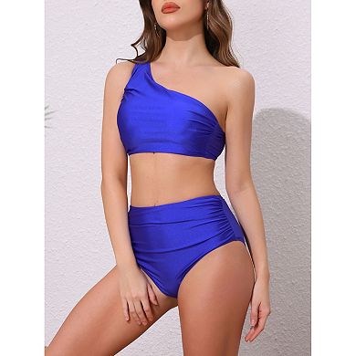 2 Sets Women's One Shoulder Bikini Sets, 2Pcs Push Up Top Tummy Control Bottom Swimwear Bathing Suit