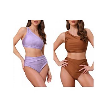 2 Sets Women's One Shoulder Bikini Sets, 2 pc Push Up Top Tummy Control Bottom Swimwear Bathing Suit