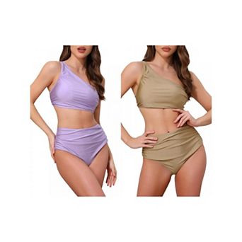 2 Sets Women's One Shoulder Bikini Sets, 2 pc Push Up Top Tummy Control Bottom Swimwear Bathing Suit