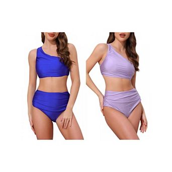 2 Sets Women's One Shoulder Bikini Sets, 2 pc Push Up Top Tummy Control Bottom Swimwear Bathing Suit