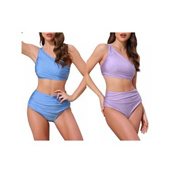 2 Sets Women's One Shoulder Bikini Sets, 2 pc Push Up Top Tummy Control Bottom Swimwear Bathing Suit