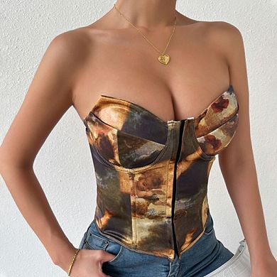 Women Artistic Print Strapless Corset Front Buckle Back Lace-Up Top