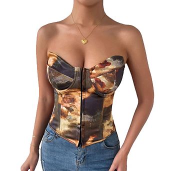 Women Artistic Print Strapless Corset Front Buckle Back Lace-Up Top