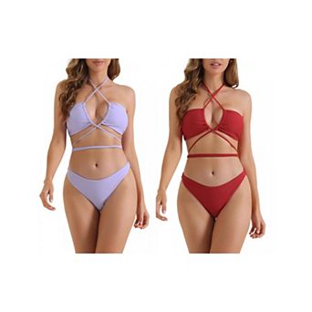 2 Sets Women's Bikini Sets, 2 pc Double Lace Up Tie Back Triangle Bottoms Swimwear Bathing Suits