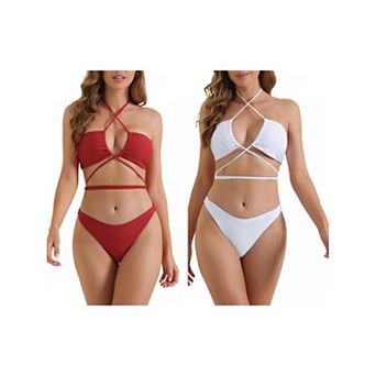 2 Sets Women's Bikini Sets, 2 pc Double Lace Up Tie Back Triangle Bottoms Swimwear Bathing Suits
